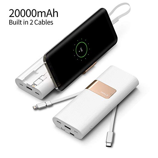 iWALK 20000mAh Power Bank Quick Charge QC3.0/2.0 Built-in Type-C & Micro USB Cables, Portable Charger External Battery Pack Compatible with iPhone Xs Max X 8 7 6 Plus, Samsung S9/S8 and More (White)