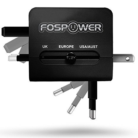 FosPower All-In-One International Power Adapter, High Speed [3.1A] Dual USB Ports Travel Plug Charger (US UK EU AU) for iPhone, iPad, Smartphones, Tablets, Laptop - Black