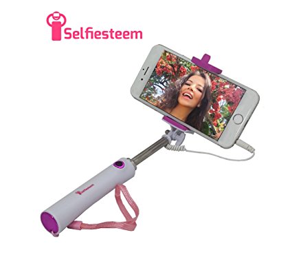 Selfiesteem Foldable Extendable Universal Selfie Stick with Built-in Remote Shutter - White and Pink
