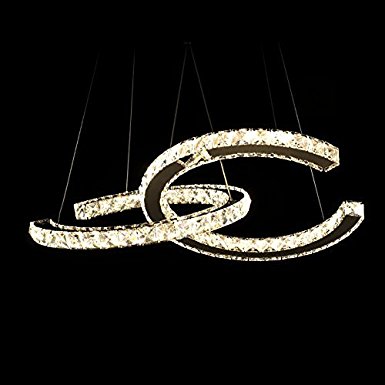 MEEROSEE Modern Crystal Chandelier Lighting Ceiling Light Fixture LED Contemporary 2 C Ring Chandeliers Lights Adjustable Stainless Steel for Living Room Bedroom Dining Room Dia 15.74"