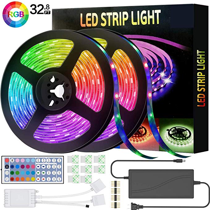 Led Strip Lights, 32.8Ft(10m) Waterproof 5050 RGB Light Strip Kits with 44 Keys IR Remote Control 12V Power Supply Color Changing Led Strip for Room, Bedroom, TV, Kitchen, Desk, Party