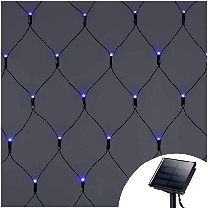 Solar Powered Blue Net Mesh Lights,9.8ft x 6.6ft,200 Led,Dark Green Cable,8 Modes Indoor Outdoor String Linghts for Dance Bush Weekend Party Exhibition Concert Bar Library Backrest Ferry Pathway RV