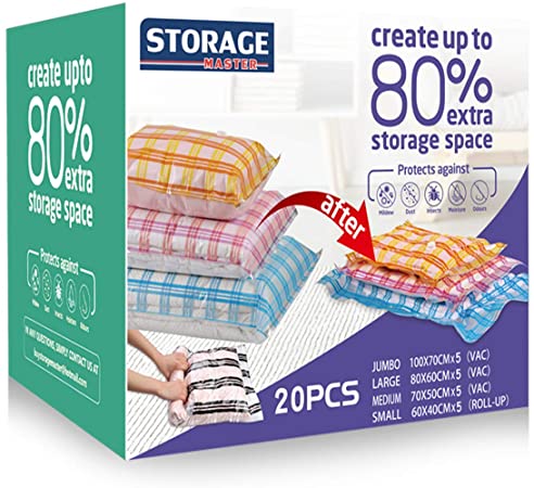 20 Vacuum Storage Bags, Space Saver Bags, 20-Pack (5 of Each-Jumbo, Large, Medium, Roll-up) for Travel, Moving & Home (20 Combo)