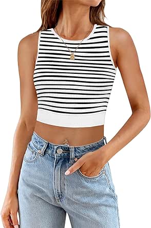 MEROKEETY Women's Ribbed Knit Crop Tank Tops Summer Y2K Striped Sleeveless Shirts