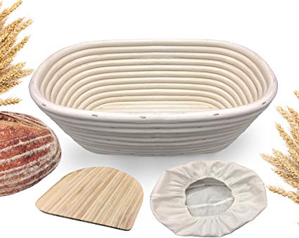 10 inch Oval Banneton Proofing Basket - Made Terra Natural Rattan Cane Brotform Set with Bamboo Dough Scraper & Cloth Liner | Food-Safe Bread Bowls by Artisan Families | Best Baking Gift Set