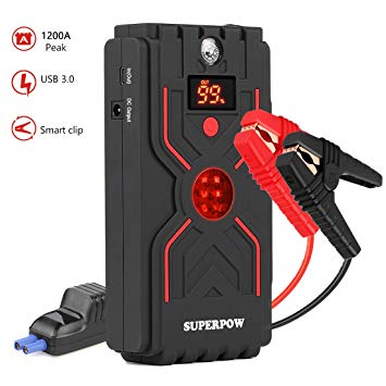 Superpow 1200A Peak Car Jump Starter (up to 7.0L Gas 5.5L Diesel Engine) Upgraded Portable Auto Battery Booster Power Bank Phone Charger,Built-in Compass,Quick Charge 3.0, Emergency LED Flashlight