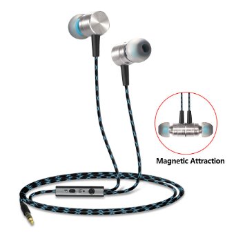 Earphones, Grandbeing Metal Magnet Attraction In-Ear Wired Headphones Premium Stereo Bass Universal Earbuds with 3.5mm Jack and MIC for Smartphones, Tablets, Computer, MP3 Player - Gray