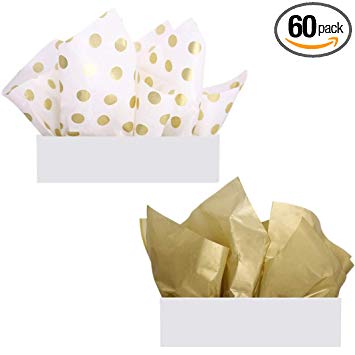 UNIQOOO 60 Sheets Premium Metallic Gold & Gold Polka Dot Tissue Gift Wrap Paper Bulk, 20" X 26" Each, 100% Recyclable Gift Wrapping Accessory, Perfect for Wedding, Christmas Gift, Art Craft Idea