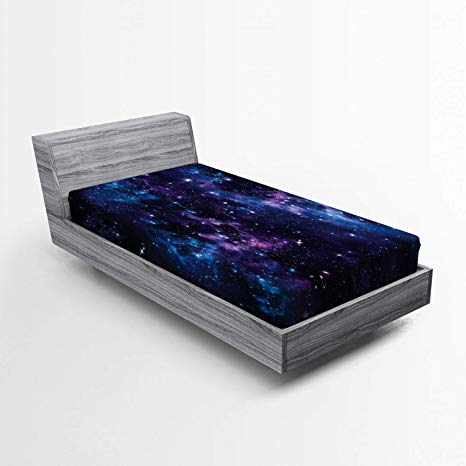 Ambesonne Space Fitted Sheet, Mystical Sky with Star Clusters Cosmos Nebula Celestial Scenery Artwork, Bed Cover with All-Round Elastic Deep Pocket for Comfort, Twin XL Size, Purple Blue