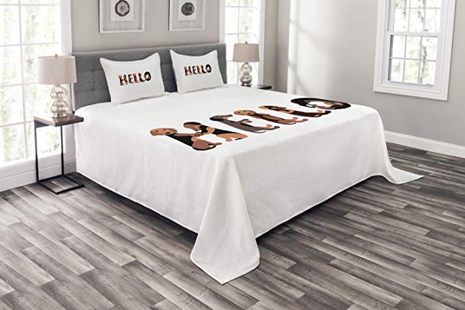 Ambesonne Dachshund Bedspread, Dachshund Puppies Spelling The Word Hello Animal Font Design, Decorative Quilted 3 Piece Coverlet Set with 2 Pillow Shams, Queen Size, Brown Caramel Taupe