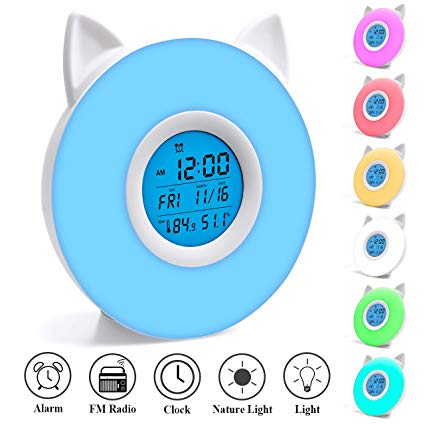 APAFISH Kids Alarm Clock Cute cat Wake Up Light, Sunrise Wake-up Light Alarm Clock,Night Light Music Player for RGB Color Changing Lamp for Baby,Toddler, Children