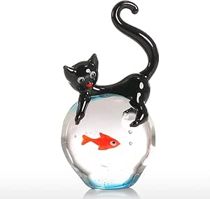 Too-arts Cat and Goldfish Sculpture Glass Ornament Cat Figurine Hand Blown Black & Red