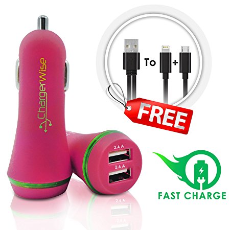 USB Car Charger with FREE 2in1 Charging Cable - Portable Universal High Power Dual Port Output 4.8A/24W & Rapid Charge Lighnting and Micro-USB Cable - Compatible with iPhone,Samsung,HTC,Garmin,Sony