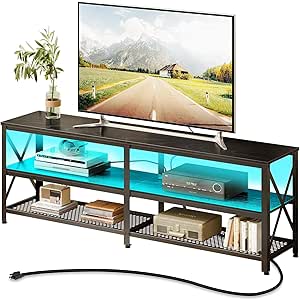 Rolanstar TV Stand with Led Lights & Power Outlets for 32/45/55/60 inch TVs, Long 55" Entertainment Center with Open Storage, TV Table, 3-Tier Television Stands for Living Room, Black