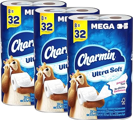 Charmin Toilet Paper, Ultra Soft, 24 Mega Rolls = 96 Regular Rolls, 224 Sheets Per Roll