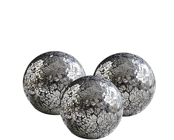 Whole Housewares Decorative Orbs Set of 3 Glass Mosaic Sphere Balls Diameter 4" for Bowls, Vases and Table Centerpieces. (Mirror Black)