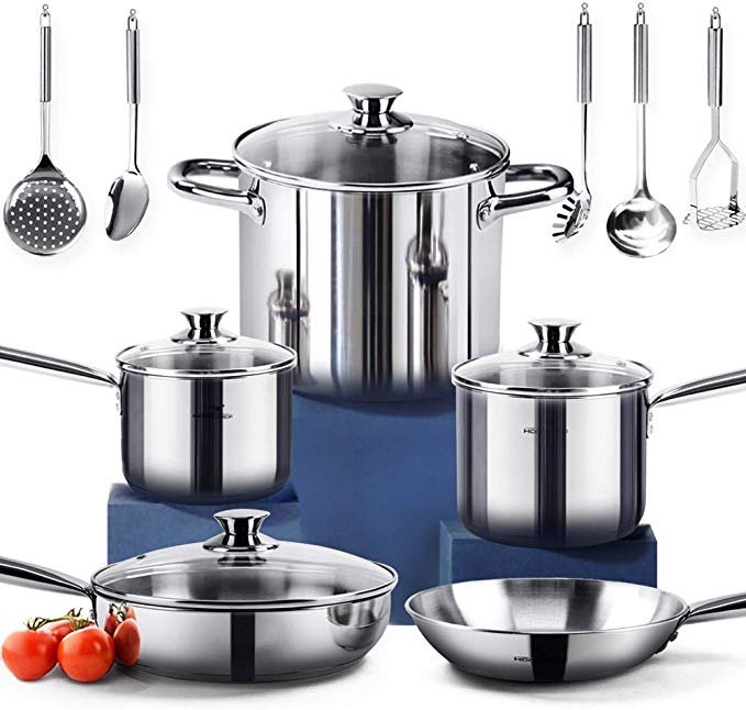 HOMI CHEF 14-Piece Nickel Free Stainless Steel Cookware Set - Nickel Free Stainless Steel Pots and Pans Set - Stainless Steel Non-Toxic Cookware Set - Stainless Steel Healthy Induction Cookware 70114