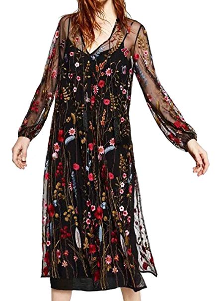 R.Vivimos Women Sheer Mesh Flower Embroidery Sexy Elegant A-Line Long Dresses