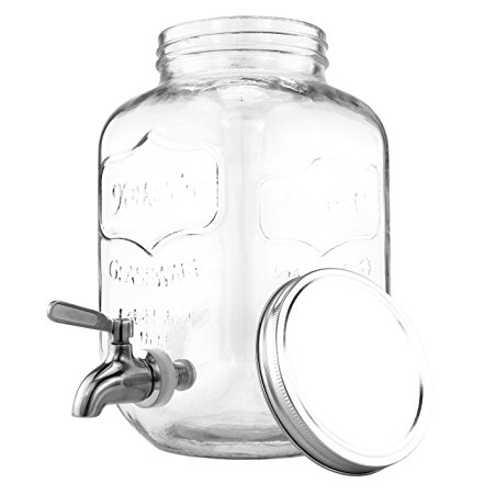 One Gallon Glass Mason Jar Beverage Dispenser w/ Stainless Steel Spigot, Retro Yorkshire Style Jar, Clear Color