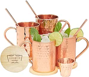 Advanced Mixology Moscow Mule Copper Mugs Set of 4 - 16 Ounce with 4 Artisan Hand Crafted Wooden Coasters (Classic) by Advanced Mixology