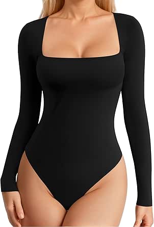 MANGOPOP Long Sleeve Bodysuits for Women Double Lined Square Neck Thong Body Suits Tops