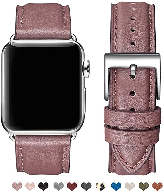 OMIU Square Bands Compatible for Apple Watch 38mm 40mm 42mm 44mm, Genuine Leather Replacement Band Compatible with Apple Watch Series 5/4/3/2/1 Edition (Laverder/Silver Connector, 38mm 40mm)