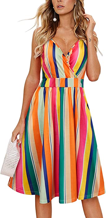 VOTEPRETTY Women's V Neck Floral Spaghetti Strap Sundress Casual Summer Party Swing Dress with Pocket