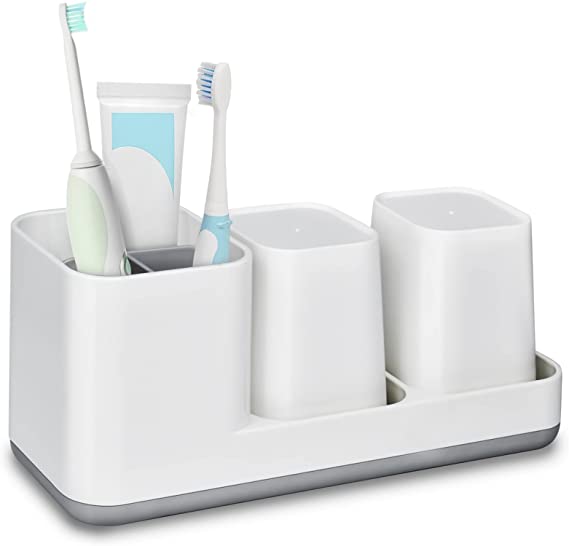 Toothbrush Holder for Bathroom, Kids Electric Toothbrush Toothpaste Holder Set Stand with 2 Cups, Bathroom Tooth Brush Accessories Countertop Organizer– Plastic, White