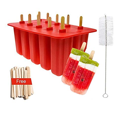 Popsicle Molds Food Grade Silicone Frozen, Frozen Popsicle Mold, Ice Pop Cream Maker, set of10, BPA Free, Includ 50 Wooden Sticks & Cleaning Brush