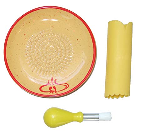 Cooks Innovations Ceramic Grater Plate 3 Piece Set - Grater, Peeler, Brush - Beautiful Garlic Design - Red & Yellow