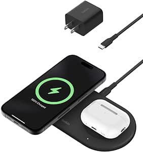 Belkin BoostCharge Pro 2-in-1 MagSafe-Compatible Wireless Charging Pad w/ Qi2 15W   Additional USB-C Port, Fast Charger for iPhone 15, iPhone 14, & iPhone 13 Series, AirPods, and More - Black