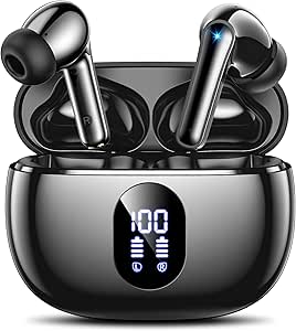 Wireless Earbuds, Bluetooth Ear Buds with Big Bass Stereo Sound, 48 Hours Playtime, Lightweight in-Ear Fit Earphones, IPX7, Hands-Free Calls with AI for iPhone, Android, Pad, Sports, Workout