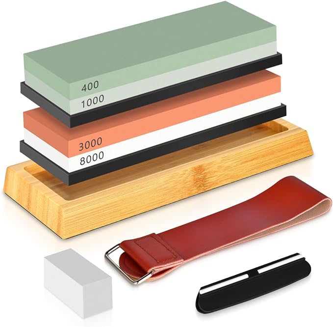 Whetstone Knife Sharpening Stone kit, Whetstone Sharpener Includes 4 Side 400/1000/3000/8000 Grit with Non-Slip Bamboo Base Flattening Stone and Angle Guide for Chef, Kitchen and Hunting Knife