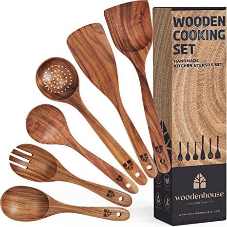 Wooden Spoons for Cooking - Teak Wooden Utensils for Cooking - Heat Resistant Wooden Spoon Sets for Cooking - Comfortable Grip Non-Stick Wooden Cooking Utensils - 6 Pcs Wood Utensil Sets