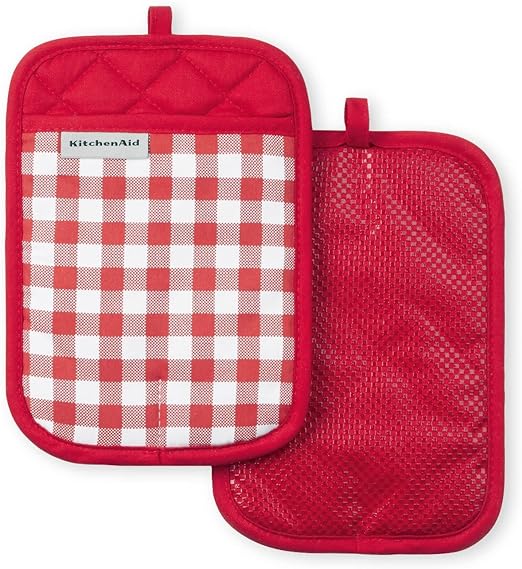 KitchenAid Gingham Pot Holder 2-Pack Set, Passion Red, 7"x10"