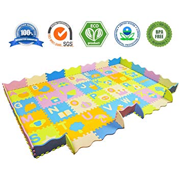 Aimerday Baby Puzzle Foam Play Mat with Fence Extra Large Thick Non-Toxic Kids Playmat Interlocking Floor Tiles Alphabet Crawling Mat with 28 Patterns for Tummy Time Playroom Nursery Infants Toddlers