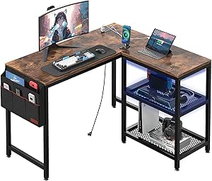 VECELO L Shaped Computer Desk 49 Inch Writing Study Corner Gaming Table with Storage Shelves and Side Bag, for Home Office Workstation, Rustic Brown