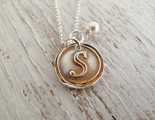 Wax Seal Initial Necklace, Copper Patina, Hand Stamped, Fine Silver