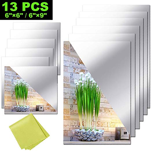 12 Pieces Self Adhesive Acrylic Mirror Sheets, Flexible Non Glass Mirror Tiles Mirror Stickers for Home Wall Decor, 6" x 6" and 6" x 9"