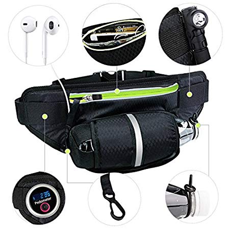 Adjustable Fanny Pack for Men Women, 1 Pack Waterproof Waist Bag with Water Bottle Holder and Earphone Port, Reflective Hydration Belt for Gym Running Hiking,Fits iPhone/Samsung/Google/Huawei Phones