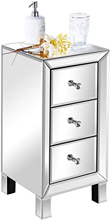 VINGLI Mirrored Nightstand with 3-Drawers Silver Side End Table Mirrored Furniture for Small Space, Bedroom, Living Room