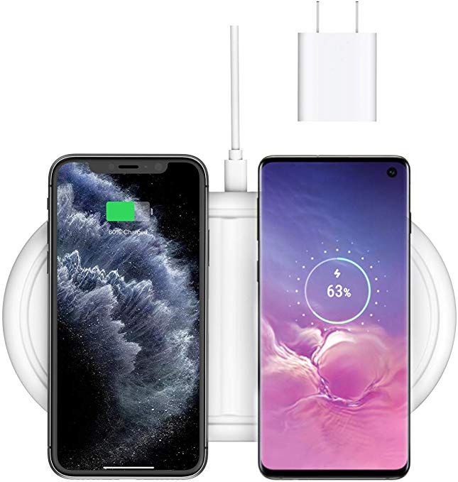 Seneo 2 in 1 Dual Wireless Charger, 10W Fast Charging Pad, Wireless Charge for New Airpods/Galaxy Buds, Compatible iPhone 11 Pro Max/X/Xs Max/XR/8/Galaxy S10/S9/Note 9 (with QC 3.0 Adapter)-White