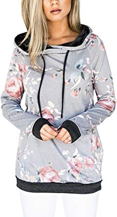 Angashion Women Hoodies-Tops- Floral Printed Long Sleeve Pocket Drawstring Sweatshirt with Pocket