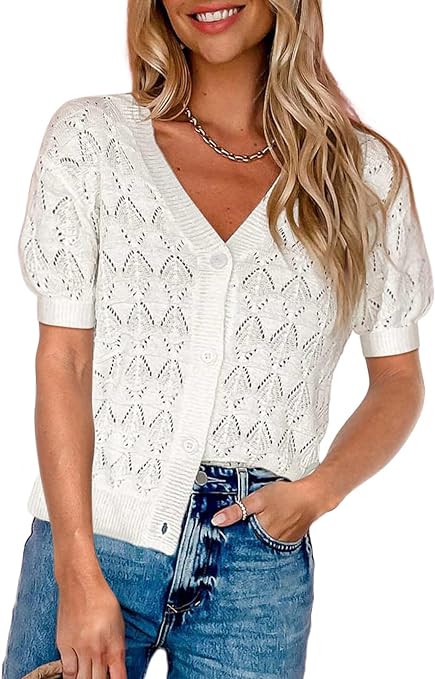 Dokotoo Womens Summer Tops Short Sleeve Crochet Cardigan V Neck Button Down Shirts Knit Shrug Open Front