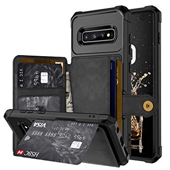 Galaxy S10 Case, Galaxy S10 Phone Wallet Case Card Holder, Fits 4 Cards & Cash with Stand Function - Black
