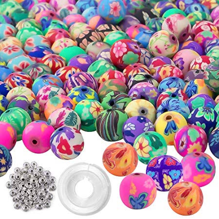 Quefe 300pcs Round Polymer Clay Beads Assorted Colorful Pattern Handmade Loose Beads with 50pcs Spacer Beads and Crystal String for Jewelry Making (10mm)