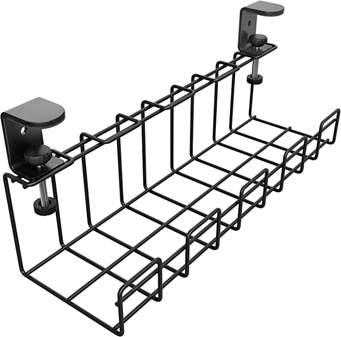 KD Essentials – Kabelkorb aus Metall, Größe M – klemmbarer Kabelhalter, schraubenlos befestigt (Tischhalterung/C-Klemme für Tischmontage, verstaut Kabel, Ladegeräte, Steckdosenleisten, schwarz)