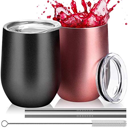 Double Wall Vacuum Insulated Stemless Stainless Steel Wine Tumbler Cup 2 Pack 12 OZ with Lids, Straws & Cleaning Brush for Coffee, Cocktails, Ice Cream, Sweat Free, Unbreakable