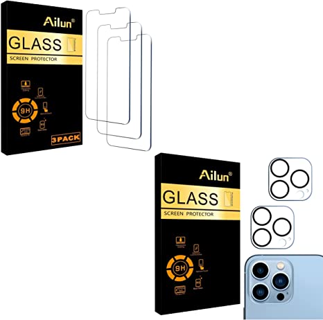 Ailun Glass Screen Protector Compatible for iPhone 13 Pro [6.1 Inch] Display 3 Pack Tempered Glass and Camera Lens Protector for iPhone 13 Pro 6.1" Tempered Glass,9H Hardness,Ultra HD,Anti-Scratch,Eas