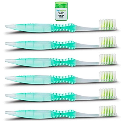 Sofresh Flossing Toothbrush - Adult Size Soft | You Choose Color and Quantity (6, Seafoam) | Bundle with (1) WELdental Mint Xylitol Dental Floss Travel Size